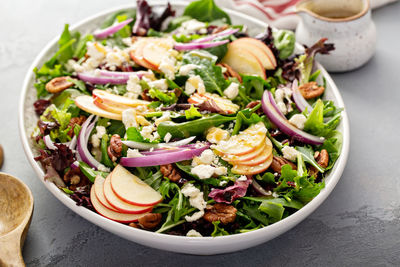 High angle view of salad in bowl on table