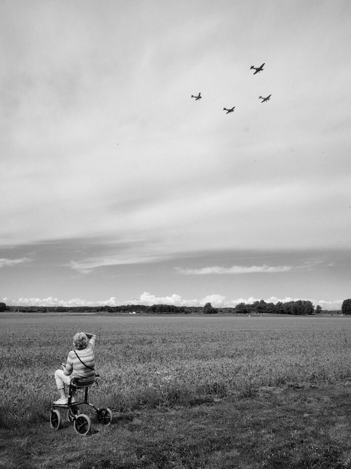 sky, field, flying, nature, cloud - sky, one person, bird, full length, outdoors, landscape, mid-air, grass, motion, men, day, rural scene, beauty in nature, scenics, large group of animals, real people, one man only, people