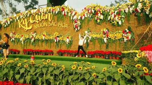 People on flowering plants at park