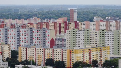 High angle view of buildings in city