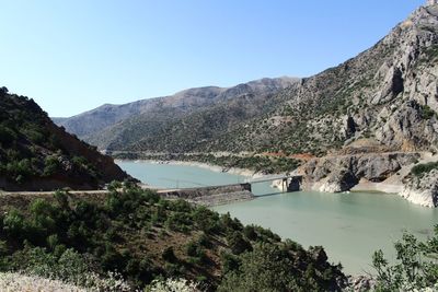 Scenic view of firat river , recep yazicioglu bridge and mountains against clear sky