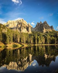 Scenic view of lake and mountains against sky