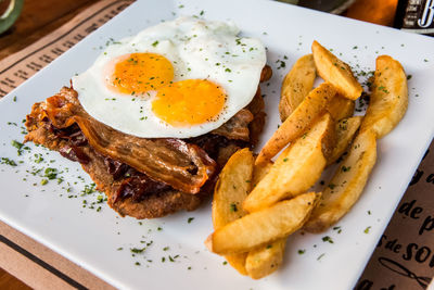 High angle view of breakfast served in plate