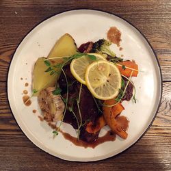 High angle view of food served in plate