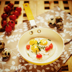 High angle view of breakfast served on table