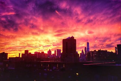 City skyline at sunset