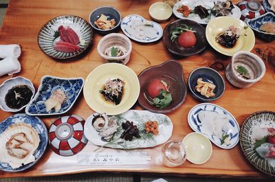 High angle view of meal served on table