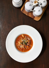 High angle view of soup in bowl on table