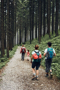 Family with backpacks hiking in a mountains actively spending summer vacation together