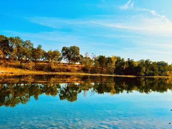Reflection of trees in lake against sky