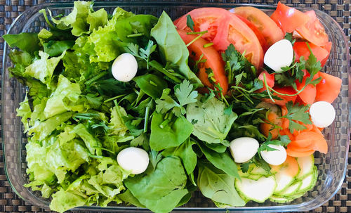 High angle view of chopped vegetables in plate