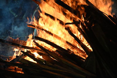 Close-up of fire on log at night