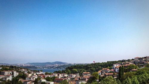 High angle view of townscape against blue sky