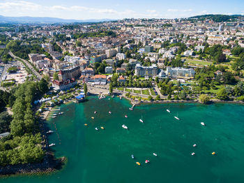 High angle view of buildings in city