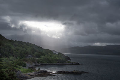 Scenic view of sea and mountains against sky