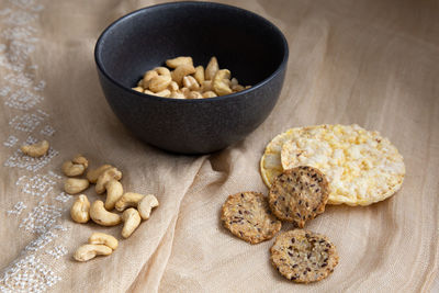 High angle view of food in bowl on table