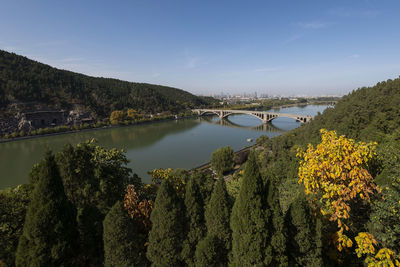 Scenic view of river amidst trees against sky