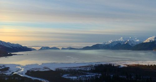 Scenic view of snowcapped mountains against sky during sunset