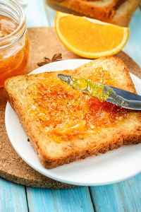 High angle view of breakfast served on table