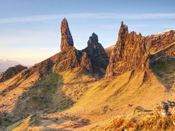 Old man of storr rocks with clear sky isle of skye scotland, cold february morning