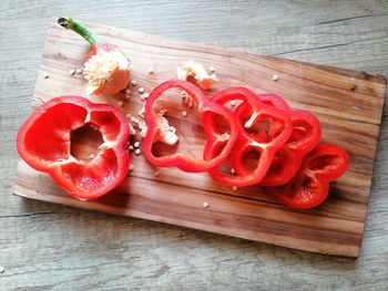 High angle view of chopped tomatoes on cutting board