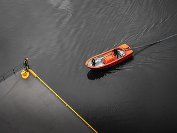 High angle view of nautical vessel on lake