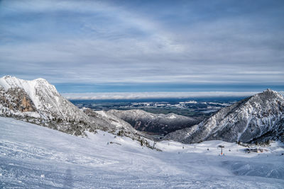 Scenic view of snowcapped mountains against sky