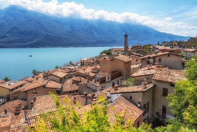 View of limone sul garda from limone del castel. taken during summer. lake garda, italy