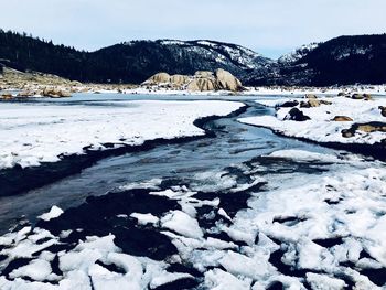 Scenic view of river by snow covered mountains against sky