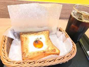 High angle view of bread in glass on table