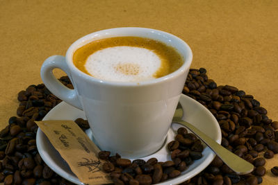 High angle view of coffee on table