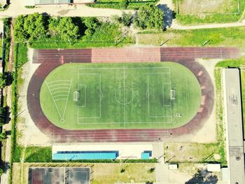 Aerial view of empty soccer field