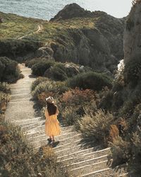 Rear view of woman walking down a hill by long stairway