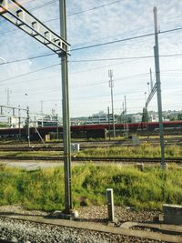 Train on railroad tracks against sky