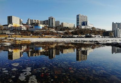 Reflection of buildings in lake against sky