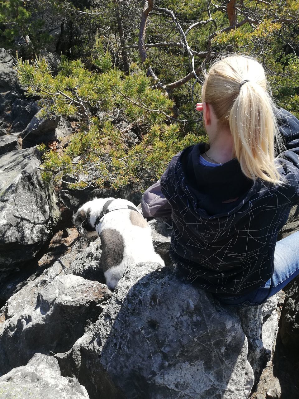 WOMAN SITTING ON ROCK AGAINST TREES