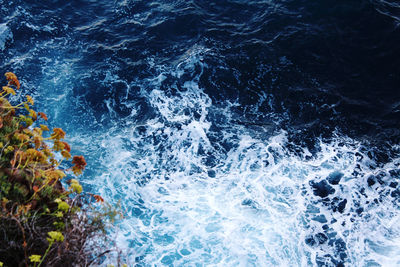 High angle view of waves splashing on rocks