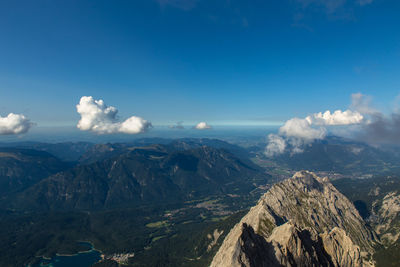 Scenic view of dramatic landscape against blue sky