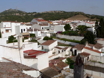 High angle view of houses in town