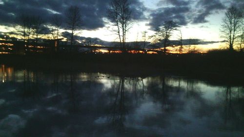 Reflection of silhouette trees in lake at sunset