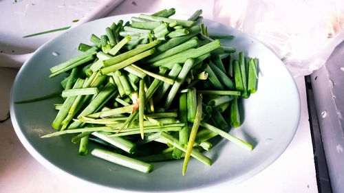 High angle view of salad in plate on table