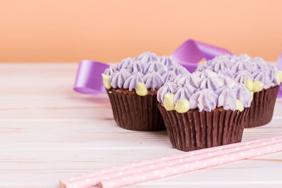 Close-up of cupcakes on table