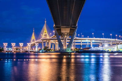 Illuminated bridge over river at night