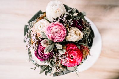 High angle view of rose bouquet on table