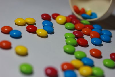 High angle view of multi colored candies on table