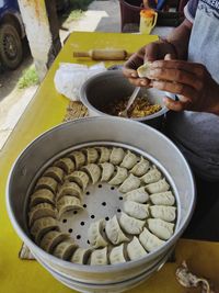High angle view of person preparing food in kitchen