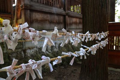 Close-up of decorations hanging against temple