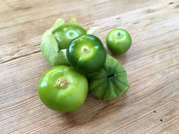 High angle view of vegetables on wooden table