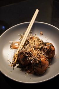 High angle view of food in plate on table