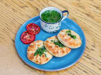 High angle view of breakfast served on table